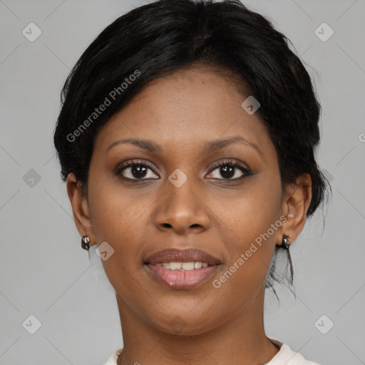 Joyful black young-adult female with medium  brown hair and brown eyes