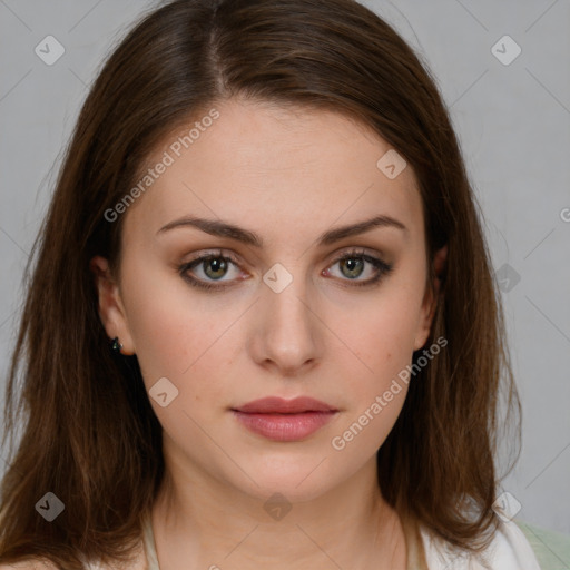 Neutral white young-adult female with medium  brown hair and brown eyes