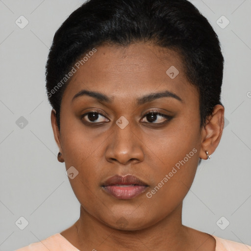 Neutral asian young-adult female with short  brown hair and brown eyes