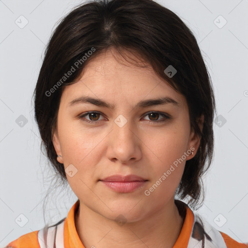 Neutral white young-adult female with medium  brown hair and brown eyes