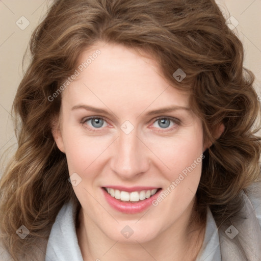 Joyful white young-adult female with medium  brown hair and blue eyes