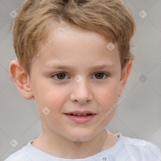 Joyful white child male with short  brown hair and brown eyes