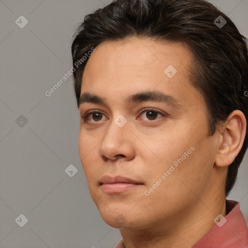 Neutral white young-adult male with short  black hair and brown eyes