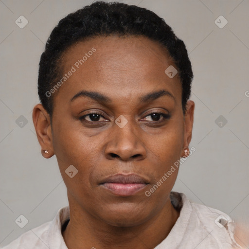 Neutral black young-adult female with short  black hair and brown eyes