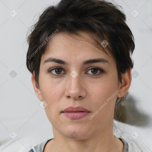 Neutral white young-adult female with short  brown hair and brown eyes