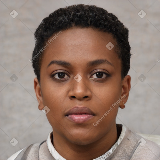 Neutral black young-adult female with short  brown hair and brown eyes