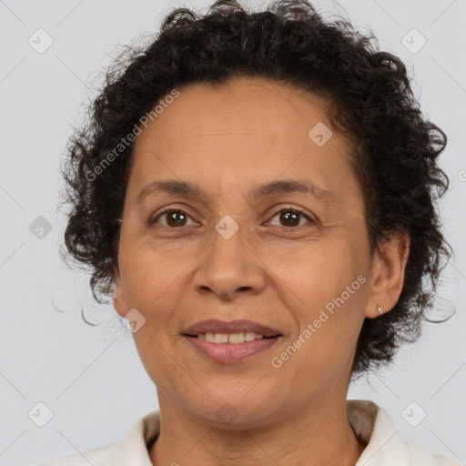 Joyful white adult female with short  brown hair and brown eyes