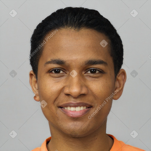 Joyful black young-adult male with short  black hair and brown eyes