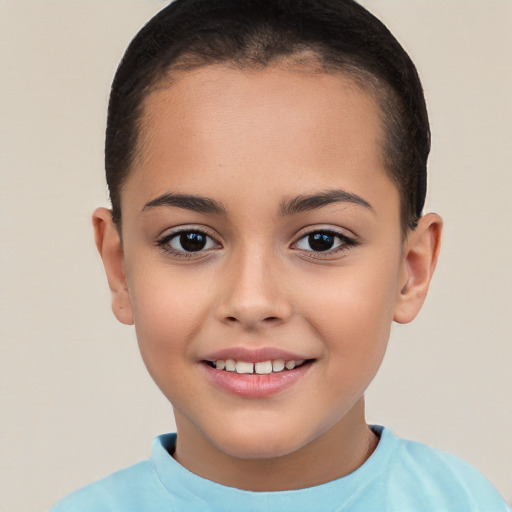 Joyful white child female with short  brown hair and brown eyes