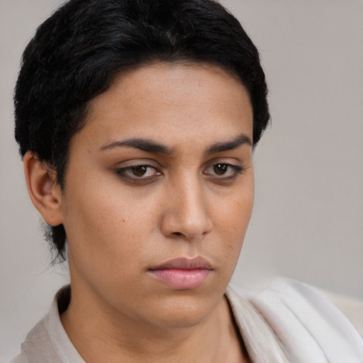 Neutral latino young-adult female with short  brown hair and brown eyes