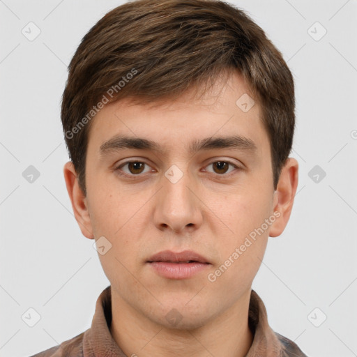 Neutral white young-adult male with short  brown hair and brown eyes