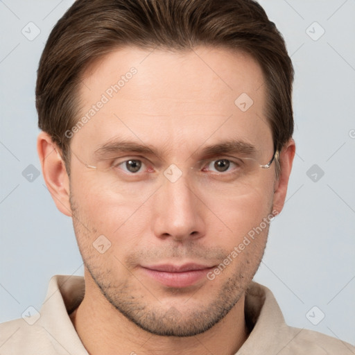 Joyful white young-adult male with short  brown hair and brown eyes