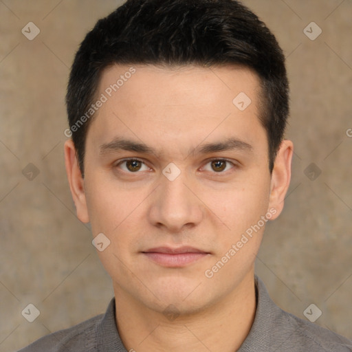 Neutral white young-adult male with short  brown hair and brown eyes