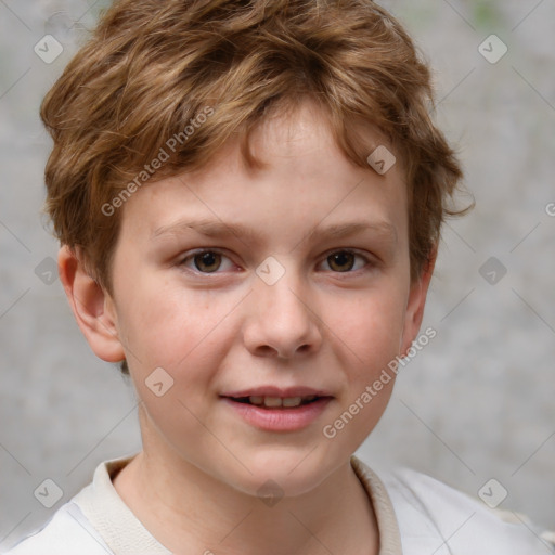 Joyful white child male with short  brown hair and brown eyes