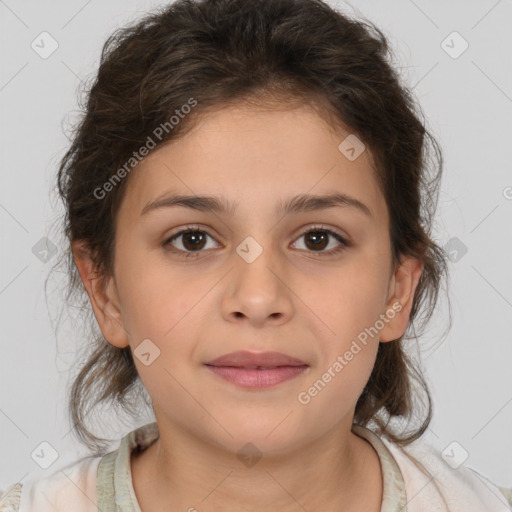 Joyful white child female with medium  brown hair and brown eyes