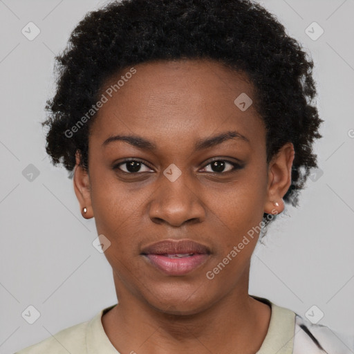 Neutral black young-adult female with short  black hair and brown eyes