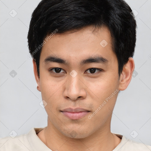 Neutral asian young-adult male with short  black hair and brown eyes