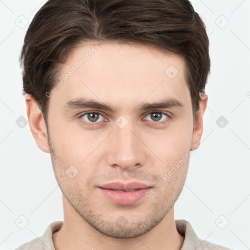 Neutral white young-adult male with short  brown hair and brown eyes