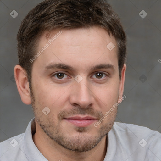 Neutral white young-adult male with short  brown hair and brown eyes