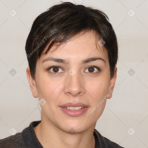 Joyful white young-adult female with short  brown hair and brown eyes