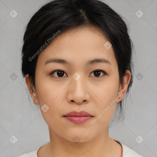 Neutral asian young-adult female with medium  brown hair and brown eyes