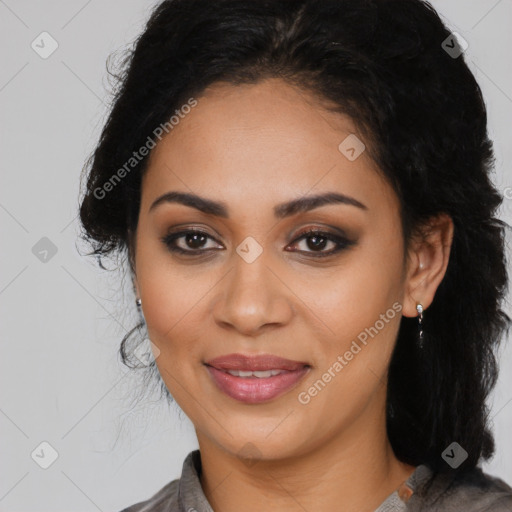 Joyful latino young-adult female with long  black hair and brown eyes