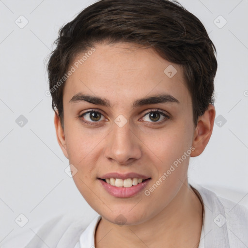 Joyful white young-adult female with short  brown hair and brown eyes