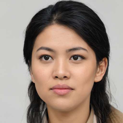 Neutral asian young-adult female with long  black hair and brown eyes