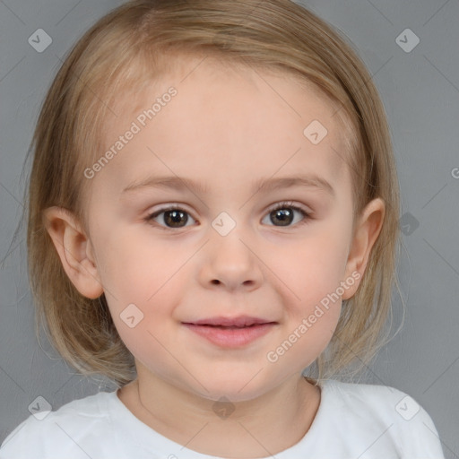 Joyful white child female with medium  brown hair and brown eyes