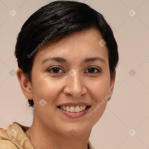 Joyful white young-adult female with medium  brown hair and brown eyes