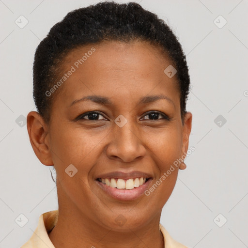 Joyful black young-adult female with short  brown hair and brown eyes