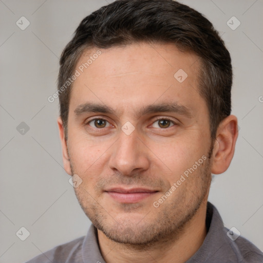 Joyful white young-adult male with short  brown hair and brown eyes