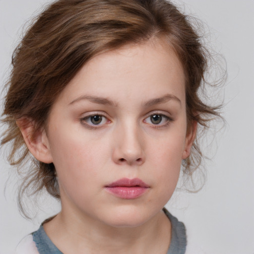 Neutral white child female with medium  brown hair and blue eyes