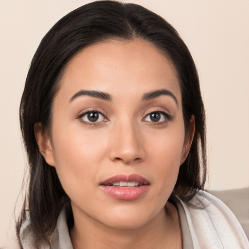 Neutral white young-adult female with medium  brown hair and brown eyes