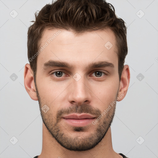 Neutral white young-adult male with short  brown hair and brown eyes