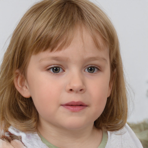 Neutral white child female with medium  brown hair and grey eyes