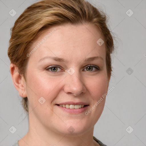 Joyful white young-adult female with medium  brown hair and blue eyes