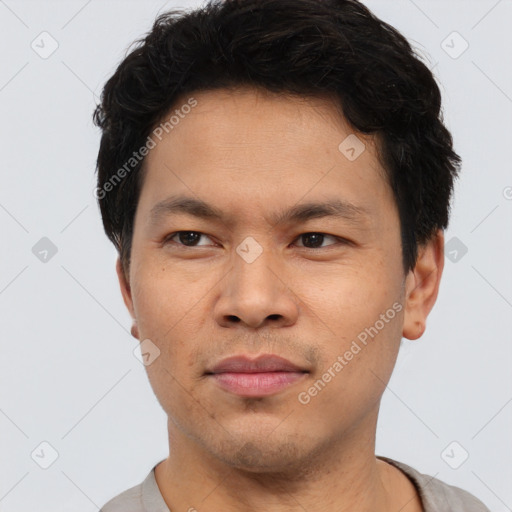 Neutral asian young-adult male with short  black hair and brown eyes