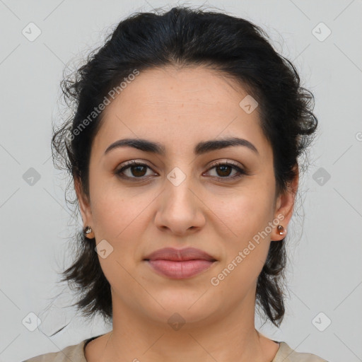 Joyful latino young-adult female with medium  brown hair and brown eyes