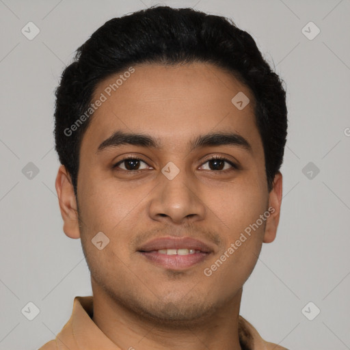 Joyful latino young-adult male with short  black hair and brown eyes