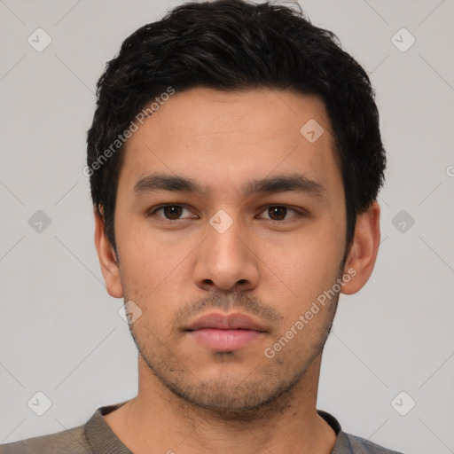 Neutral asian young-adult male with short  black hair and brown eyes