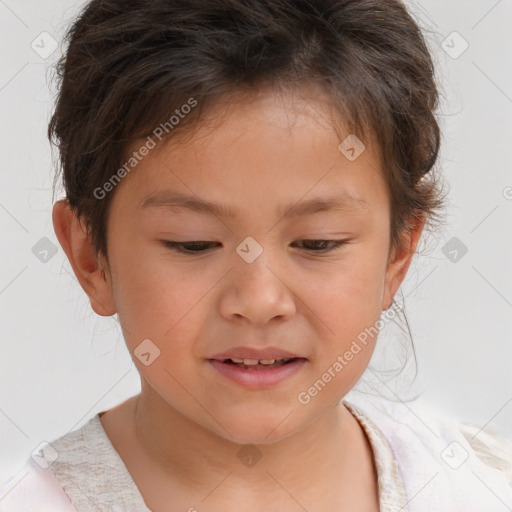 Joyful white child female with short  brown hair and brown eyes