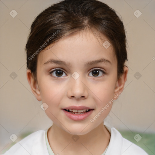 Joyful white child female with short  brown hair and brown eyes