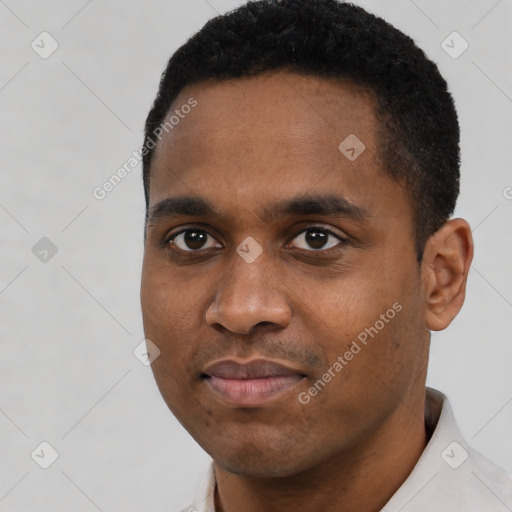 Joyful black young-adult male with short  black hair and brown eyes