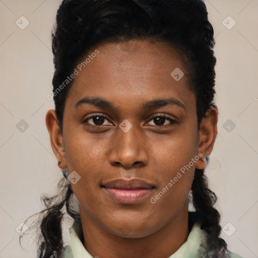 Neutral black young-adult female with short  black hair and brown eyes