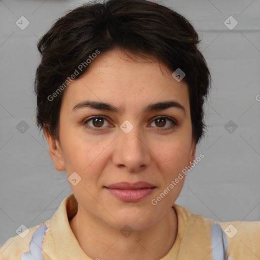 Joyful white young-adult female with short  brown hair and brown eyes