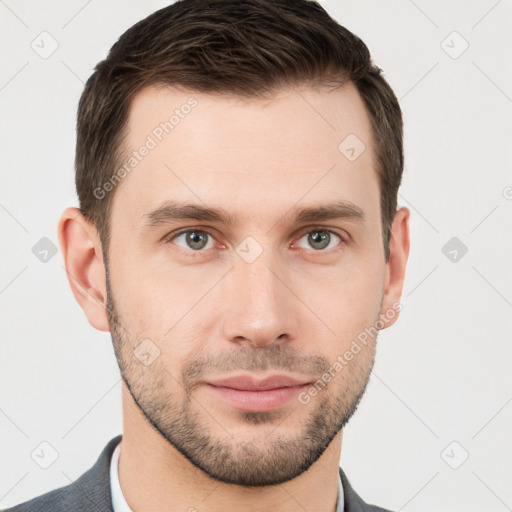 Neutral white young-adult male with short  brown hair and brown eyes