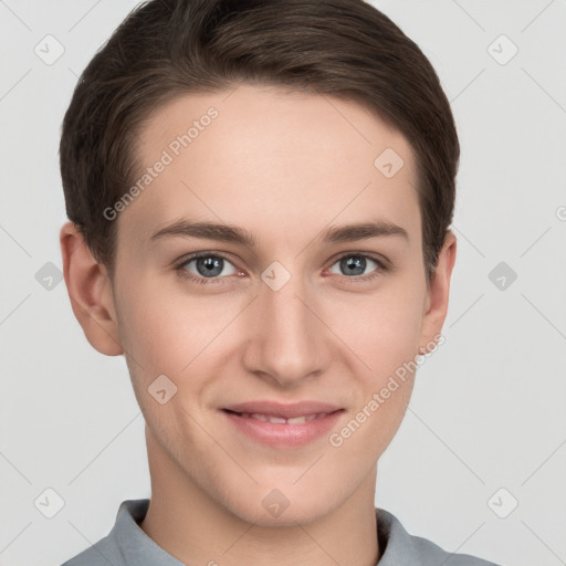 Joyful white young-adult female with short  brown hair and grey eyes