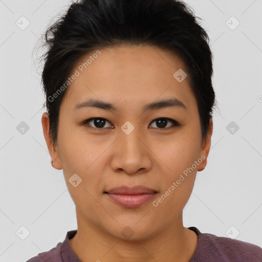 Joyful asian young-adult female with short  brown hair and brown eyes