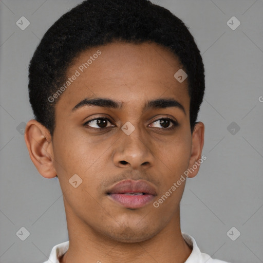 Neutral latino young-adult male with short  brown hair and brown eyes